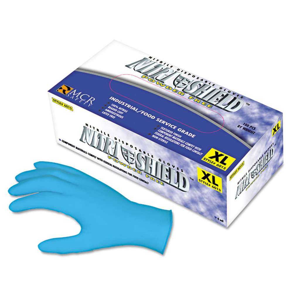 MCR SAFETY 6015L Disposable Nitrile Gloves, Large, 4 mil, Powder-Free, 100/Box