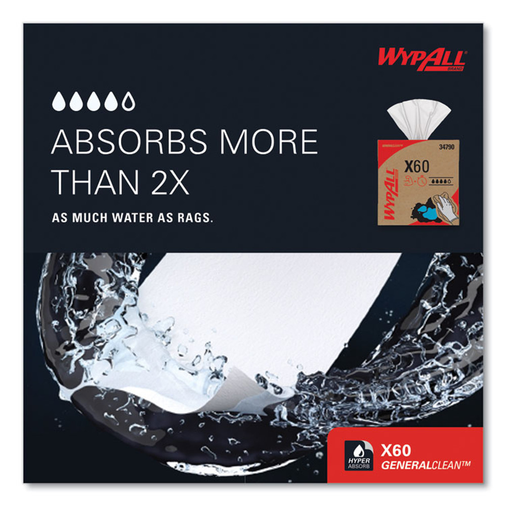 KIMBERLY-CLARK PROFESSIONAL WypAll® 34790BX General Clean X60 Cloths, POP-UP Box, 8.34 x 16.8, White, 118/Box