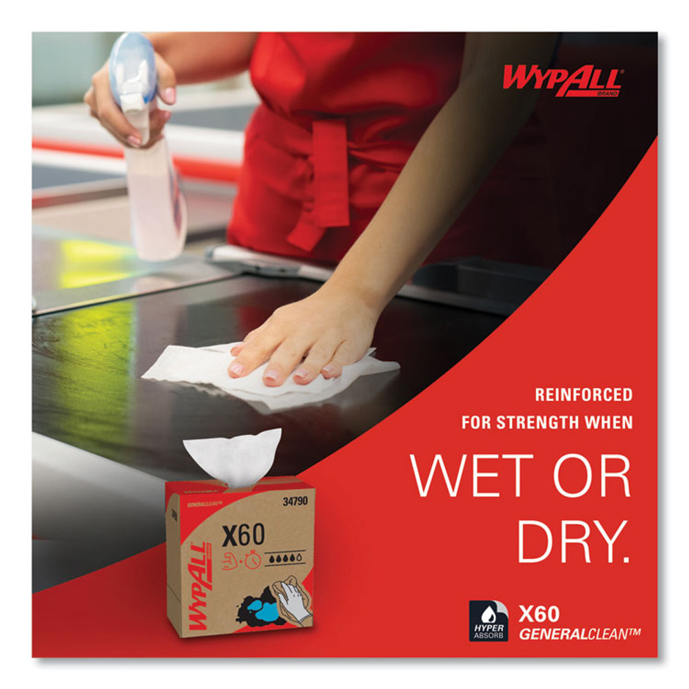 KIMBERLY-CLARK PROFESSIONAL WypAll® 34790BX General Clean X60 Cloths, POP-UP Box, 8.34 x 16.8, White, 118/Box