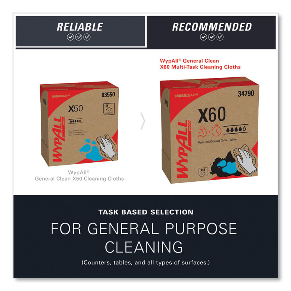 KIMBERLY-CLARK PROFESSIONAL WypAll® 34790BX General Clean X60 Cloths, POP-UP Box, 8.34 x 16.8, White, 118/Box