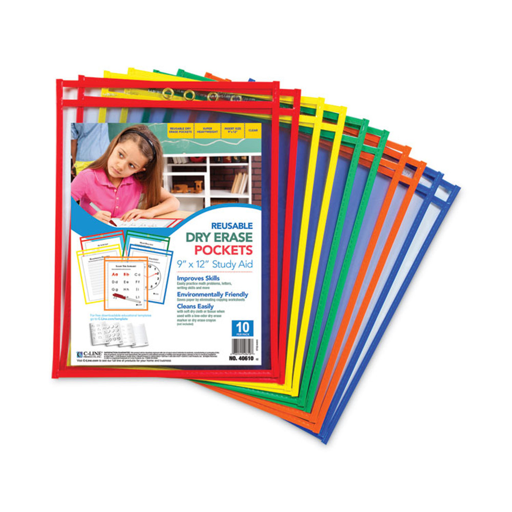 C-LINE PRODUCTS, INC 40610 Reusable Dry Erase Pockets, 9 x 12, Assorted Primary Colors, 10/Pack