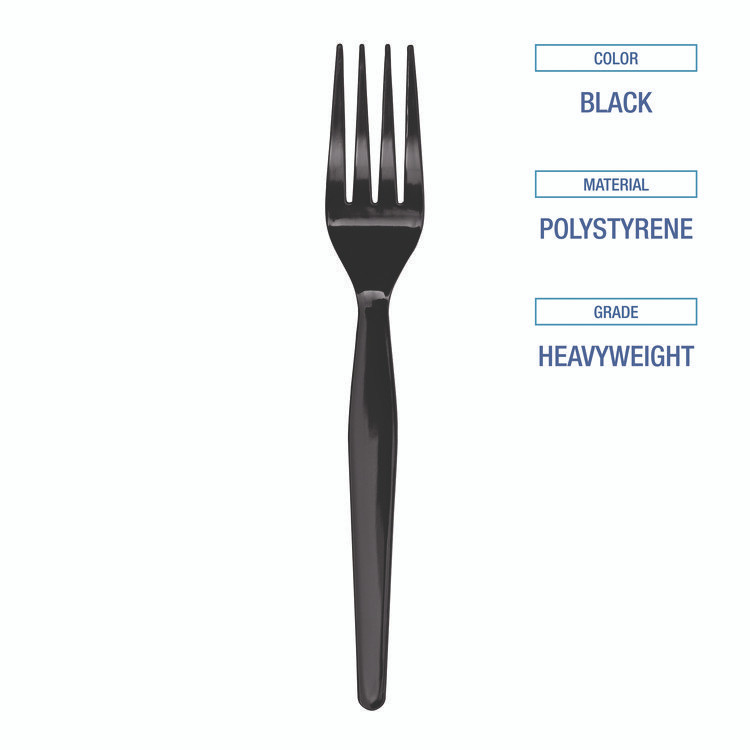 BOARDWALK FORKHWBLA Heavyweight Polystyrene Cutlery, Fork, Plastic, Black, 1,000/Carton