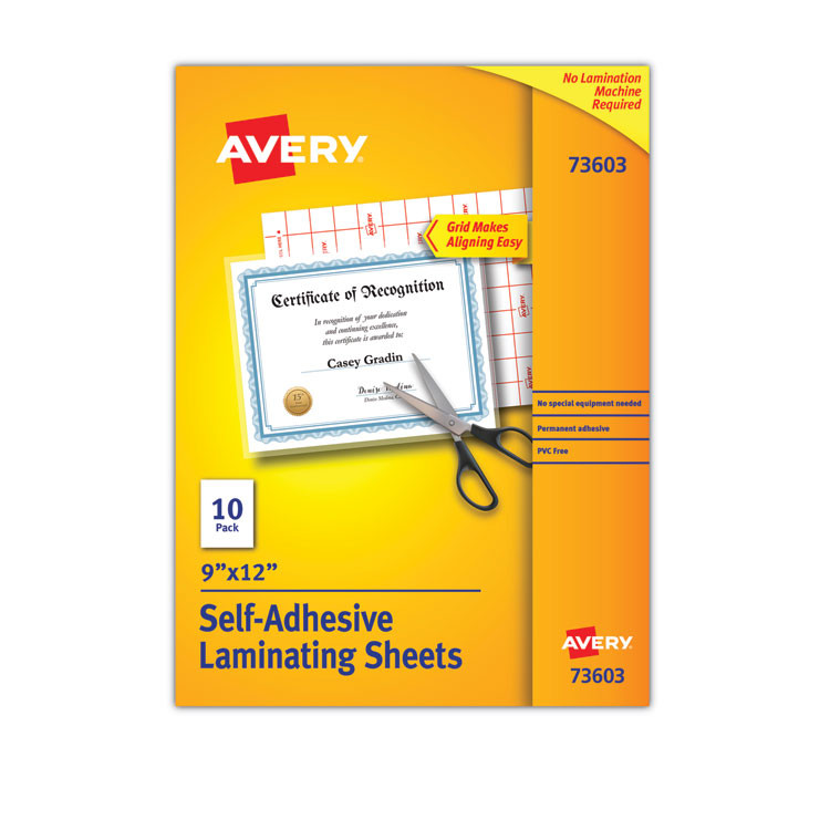 AVERY PRODUCTS CORPORATION 73603 Clear Self-Adhesive Laminating Sheets, 3 mil, 9" x 12", Matte Clear, 10/Pack
