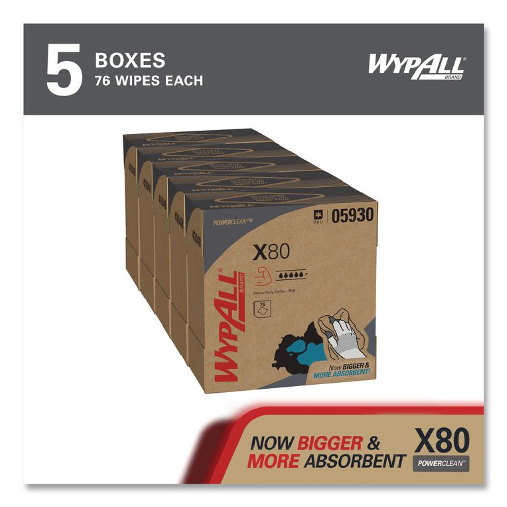KIMBERLY-CLARK PROFESSIONAL WypAll® 05930 Power Clean X80 Heavy Duty Cloths, HYDROKNIT, POP-UP Box, 8.34 x 16.8, Red, 76/Box, 5 Box/Carton