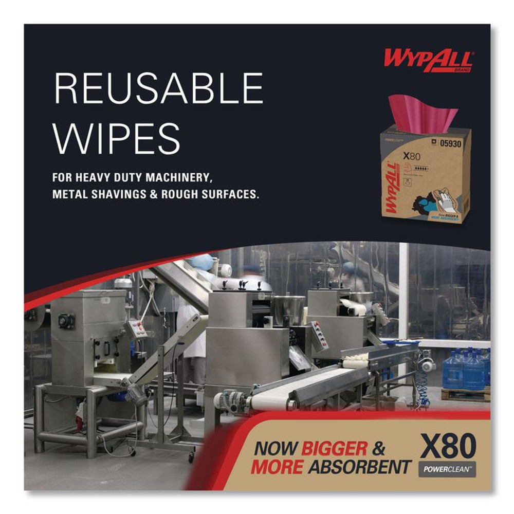 KIMBERLY-CLARK PROFESSIONAL WypAll® 05930 Power Clean X80 Heavy Duty Cloths, HYDROKNIT, POP-UP Box, 8.34 x 16.8, Red, 76/Box, 5 Box/Carton