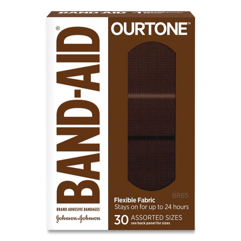 JOHNSON & JOHNSON BAND-AID® 119587 OurTone Adhesive Bandages, BR65, 2.25 x 0.63; 3 x 0.75; 3 x 1, Deep Brown, 30/Pack