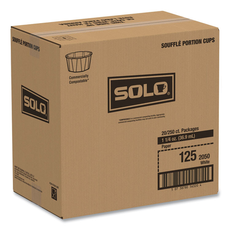 DART SOLO® 125U Paper Portion Cups, 1.25 oz, White, 250/Bag, 20 Bags/Carton