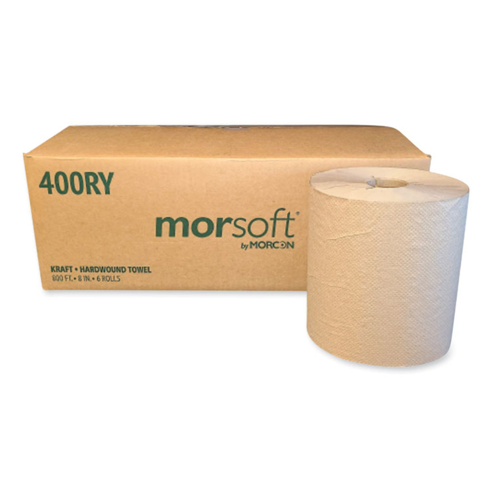 MORCON Tissue 400RY Morsoft Controlled Towels, Y-Notch, 1-Ply, 8" x 800 ft, Kraft, 6 Rolls/Carton