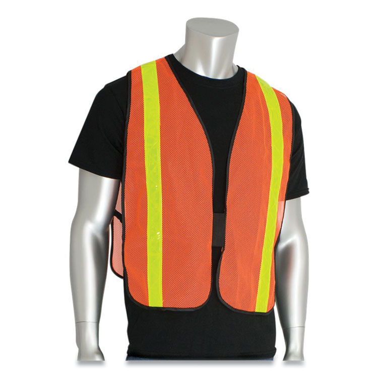 PROTECTIVE INDUSTRIAL PRODUCTS INC PIP 300EVORPOR Hook and Loop Safety Vest, One Size Fits Most, Hi-Viz Orange with Yellow Prismatic Tape