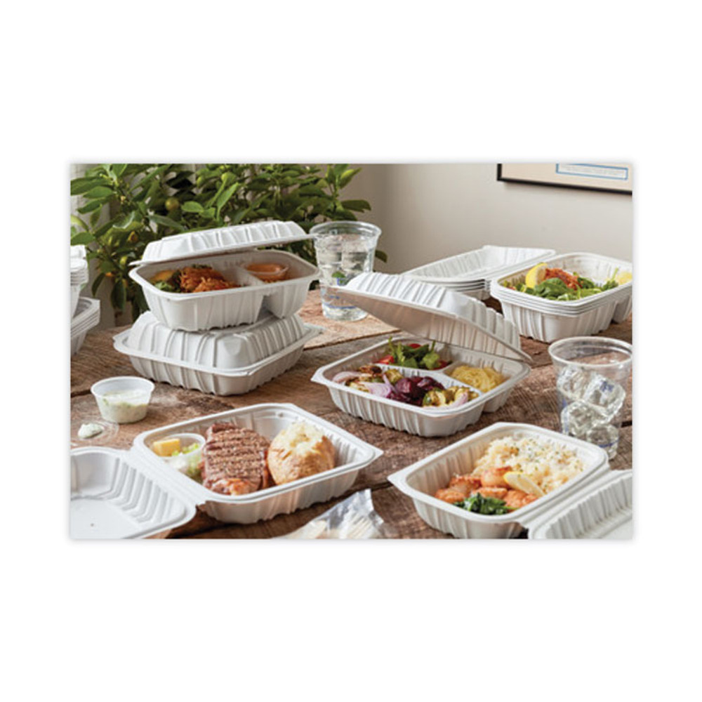 PACTIV EVERGREEN CORPORATION YCNW0851 EarthChoice Vented Microwavable MFPP Hinged Lid Container, 8.5 x 8.5 x 3.1, White, Plastic, 146/Carton