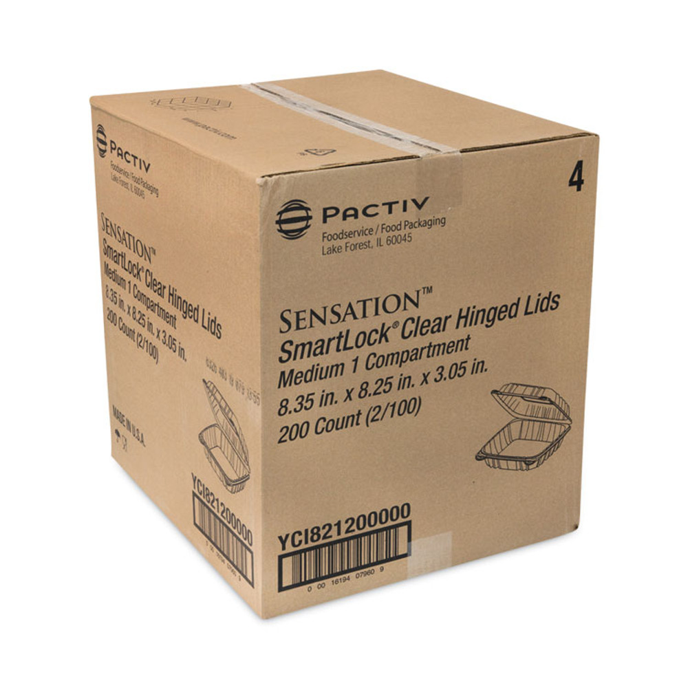 PACTIV EVERGREEN CORPORATION YCI821200000 SENSATION SmartLock Hinged Lid Container, 8.34 x 8.24 x 3.05, Clear, Plastic, 200/Carton