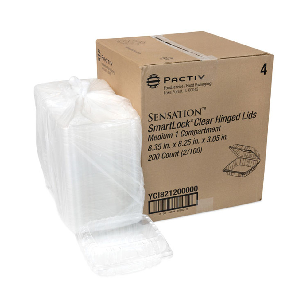PACTIV EVERGREEN CORPORATION YCI821200000 SENSATION SmartLock Hinged Lid Container, 8.34 x 8.24 x 3.05, Clear, Plastic, 200/Carton