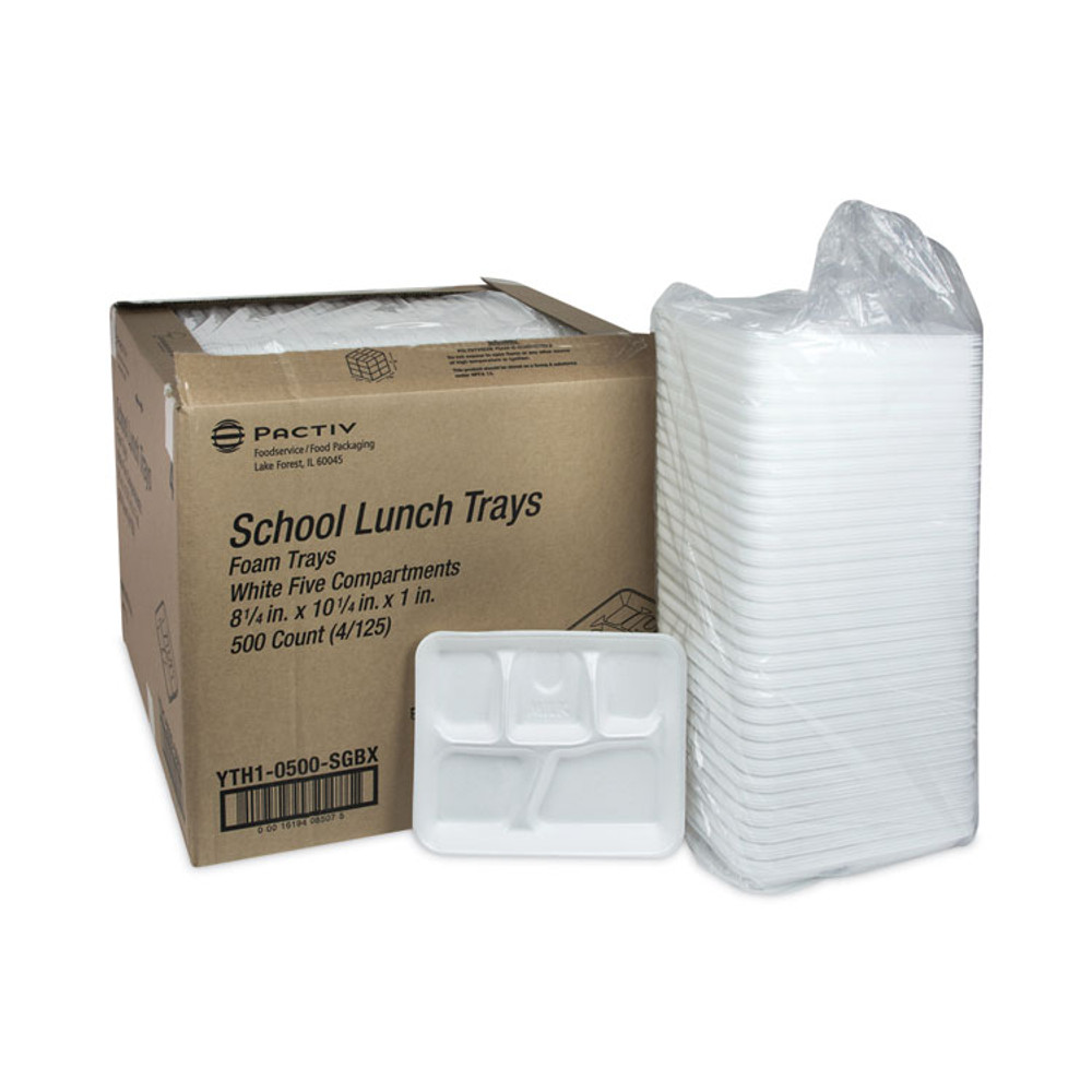 PACTIV EVERGREEN CORPORATION YTH10500SGBX Foam School Trays, 5-Compartment Tray, 8.25 x 10.5 x 1, White, 500/Carton
