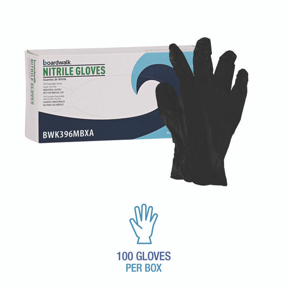 BOARDWALK 396MBXA 396 Series Disposable General-Purpose Nitrile Gloves, Powder-Free, Medium, 4.4 mil Thick, 9.5" Long, Black, 100/Box