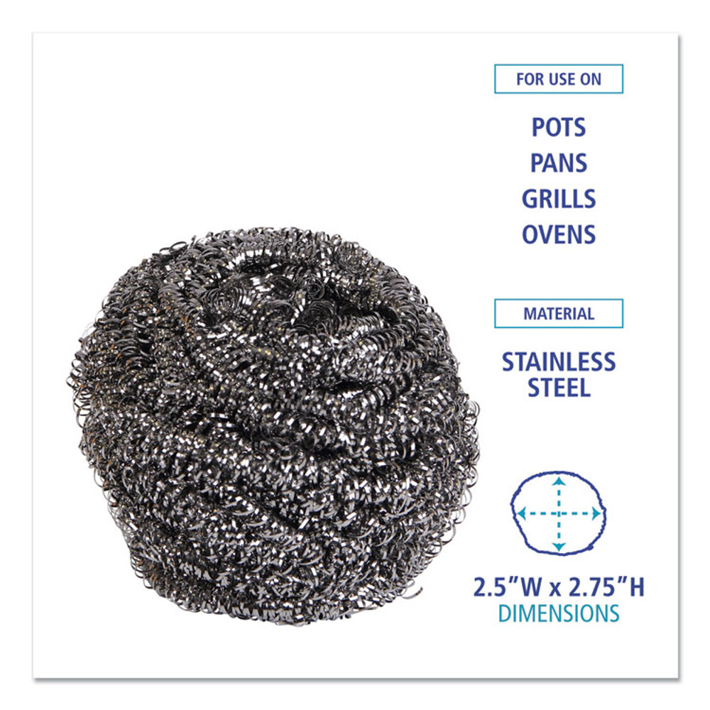 BOARDWALK 50 Stainless Steel Scrubber, Large Size, 2.5 x 2.75, Steel Gray, 12/Carton