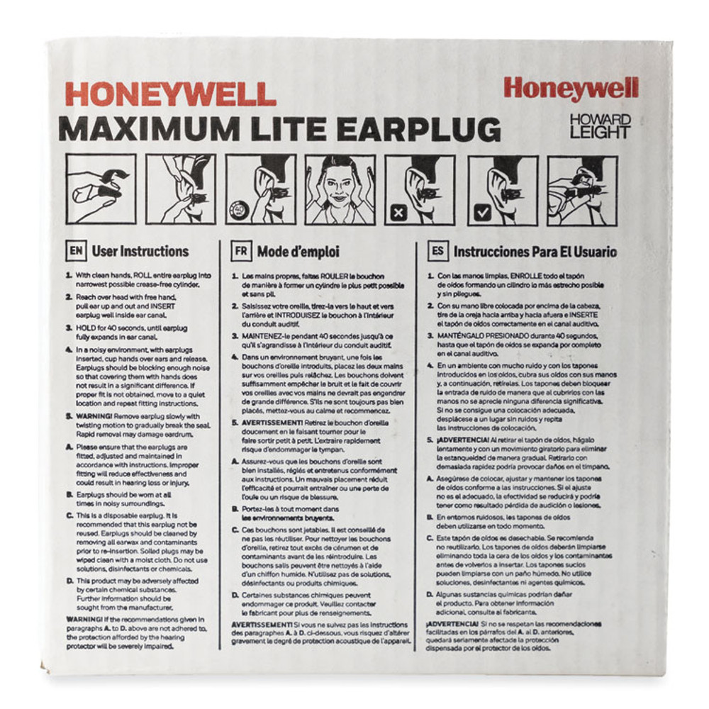 HONEYWELL ENVIRONMENTAL Howard Leight® by LPF30 MAXIMUM Lite Single-Use Earplugs, Corded, 30NRR, Green, 100 Pairs