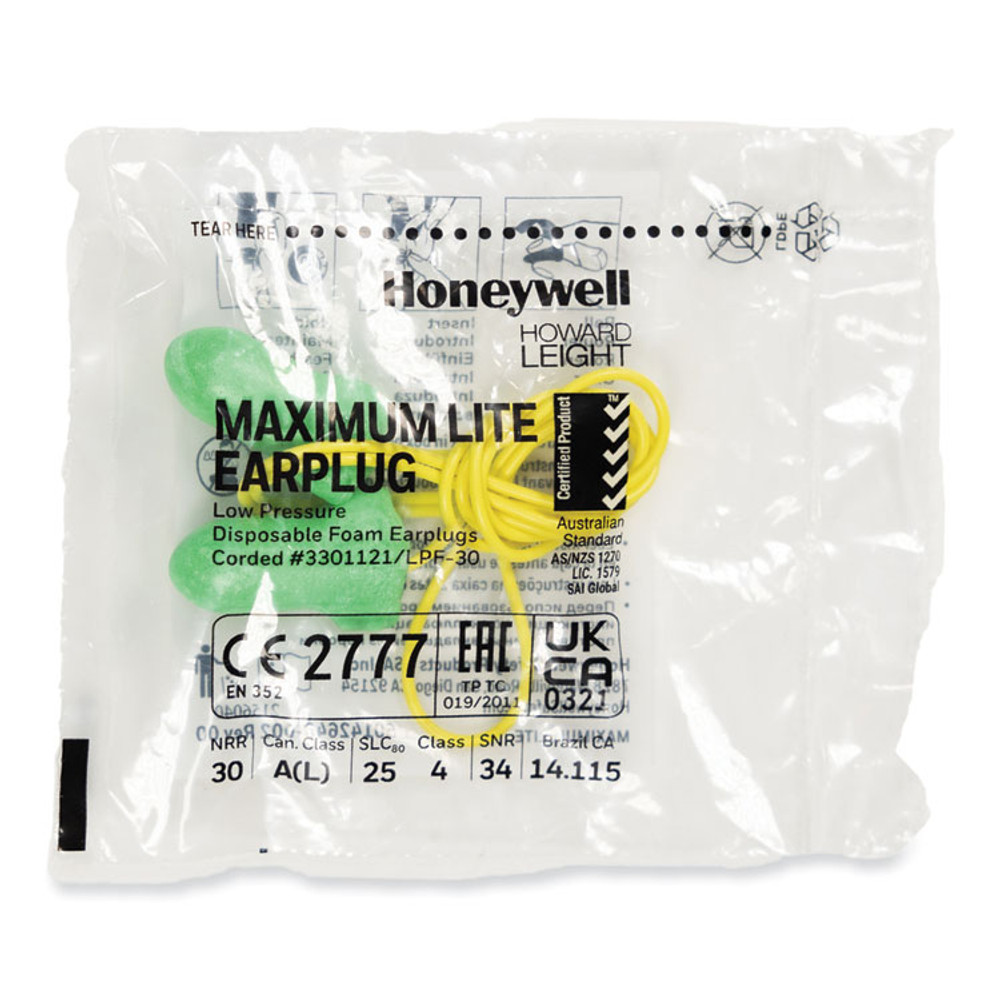 HONEYWELL ENVIRONMENTAL Howard Leight® by LPF30 MAXIMUM Lite Single-Use Earplugs, Corded, 30NRR, Green, 100 Pairs