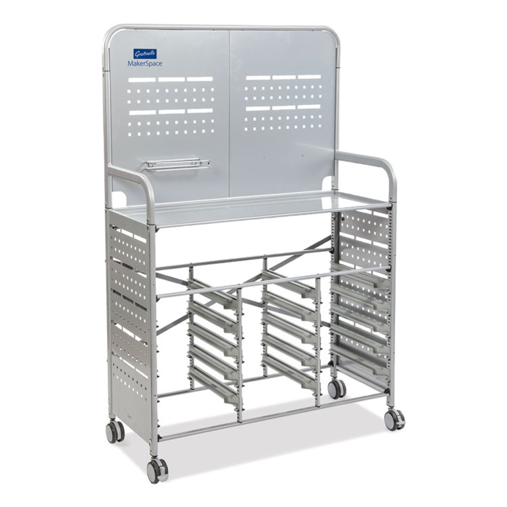 GRATNELLS USA, LLC MST014406 Callero MakerSpace Trolley Set 01, Metal, 1 Shelf, 12 F1 Bins, 3 F2 Bins, 42.9" x 17.3" x 61.8", Silver/Royal Blue