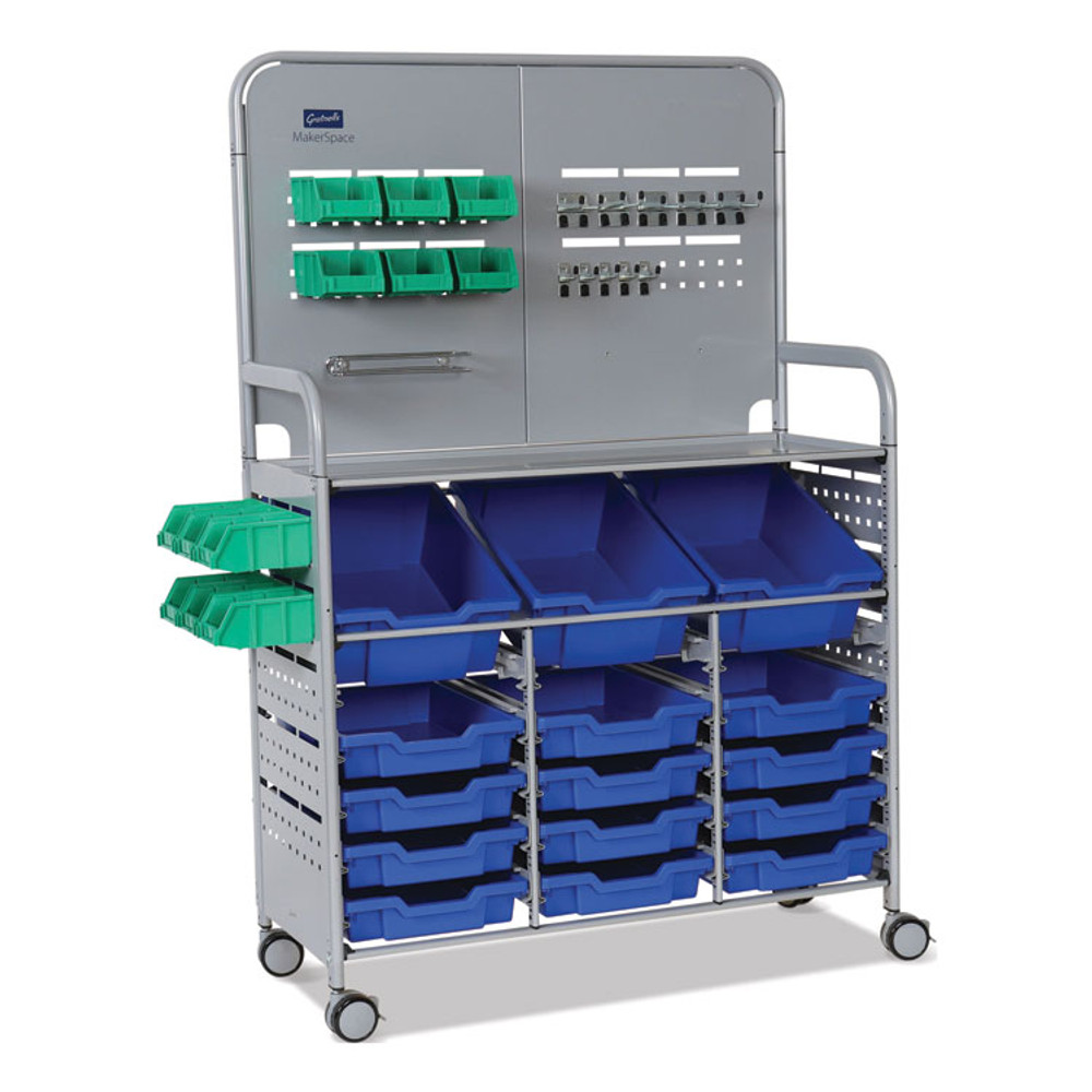 GRATNELLS USA, LLC MST014406 Callero MakerSpace Trolley Set 01, Metal, 1 Shelf, 12 F1 Bins, 3 F2 Bins, 42.9" x 17.3" x 61.8", Silver/Royal Blue