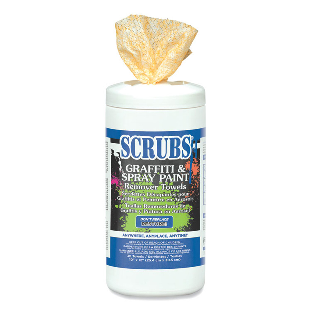 ITW PRO BRANDS SCRUBS® 90130CT Graffiti and Paint Remover Towels, Citrus, 10 x 12, Neutral Scent, Orange on White, 30/Canister, 6 Canisters/Carton