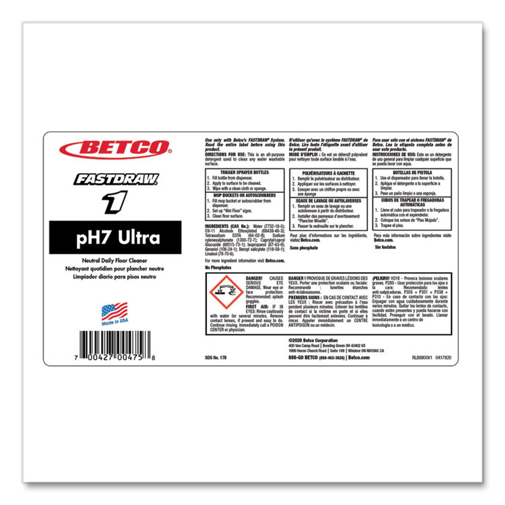 BETCO CORPORATION 1784700 pH7 Ultra Neutral Cleaner, Lemon Scent, 2 L Bottle, 4/Carton