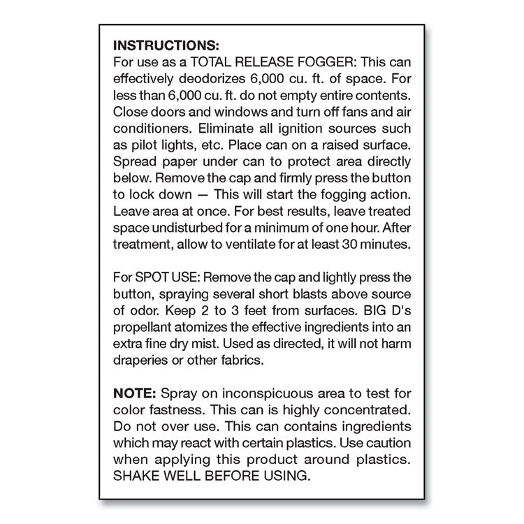BIG D Industries 344 Odor Control Fogger, Mountain Air Scent, 5 oz Aerosol Spray, 12/Carton