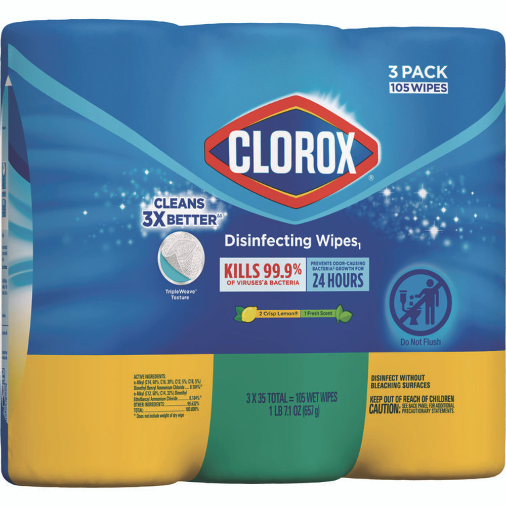 CLOROX SALES CO. 30112 Disinfecting Wipes, 1-Ply, 7 x 8, (1) Fresh Scent/(2) Crisp Lemon, White, 35/Canister, 3 Canisters/Pack