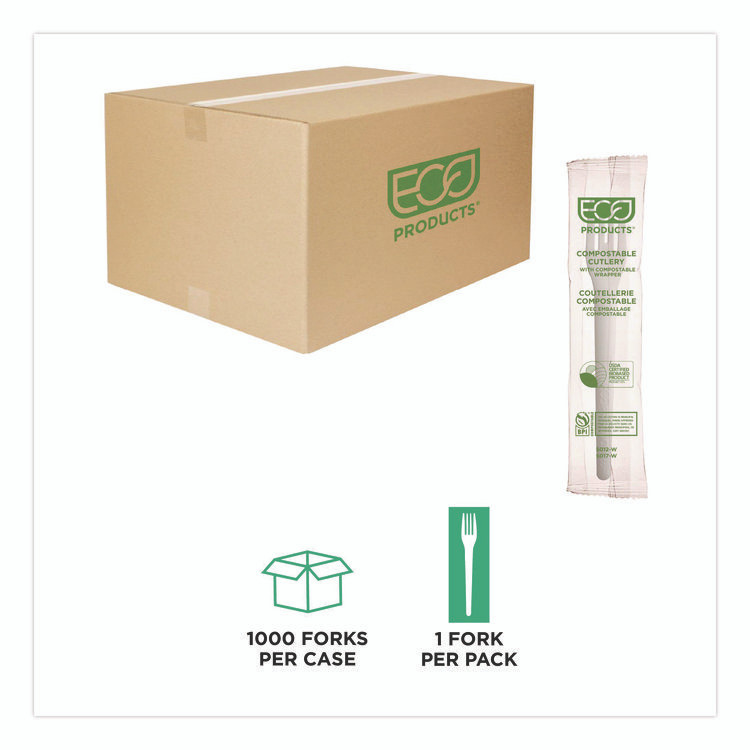 ECO-PRODUCTS,INC. EPS012W Plantware Compostable Cutlery, Fork, Plastic, White, 1,000/Carton