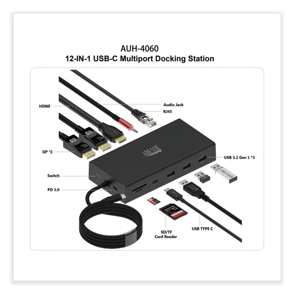 ADESSO INC AUH4060 12-in-1 USB-C Multi-Port TAA Compliant Docking Station, Black