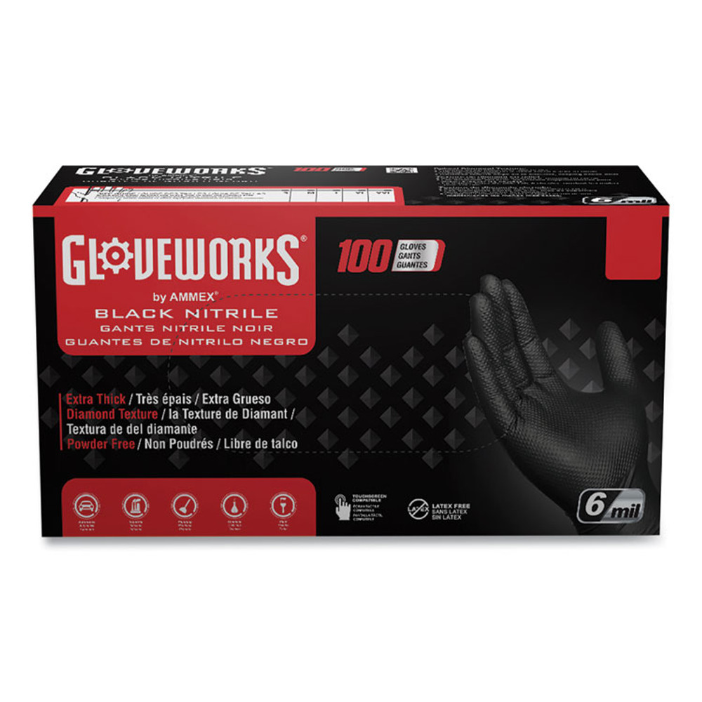 AMMEX CORPORATION GloveWorks® by GWBN44100 Heavy-Duty Industrial Nitrile Gloves, Powder-Free, Medium, 6 mil Thick, 9.5" Long, Black, 100/Box, 10 Boxes/Carton