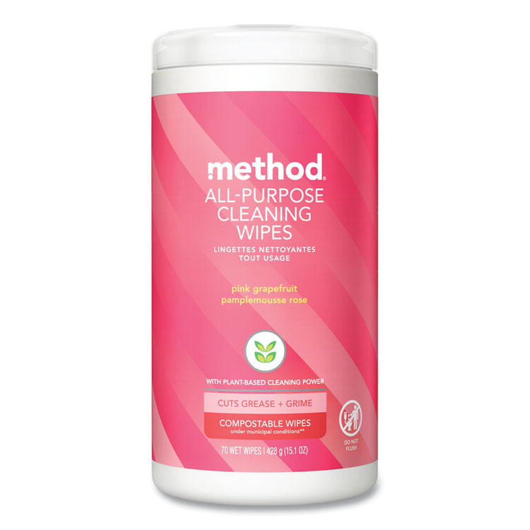 METHOD PRODUCTS INC. 338527 All Purpose Cleaning Wipes, 1 Ply, Pink Grapefruit, White, 70/Canister, 6/Carton