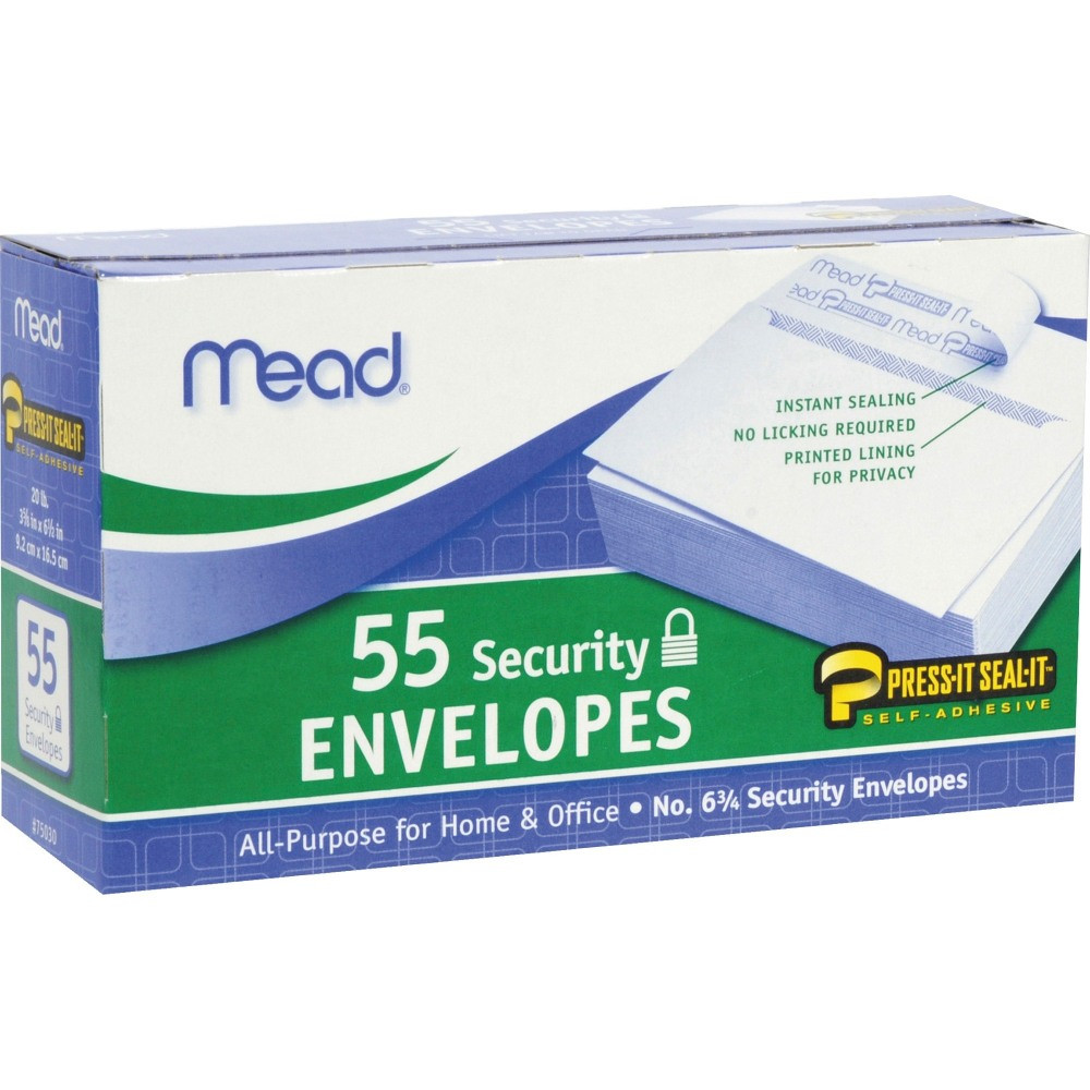 MEADWESTVACO CORP Mead 75030  Press-it No. 6 Security Envelopes - Security - #6 3/4 - Peel & Seal - 55 / Box - White