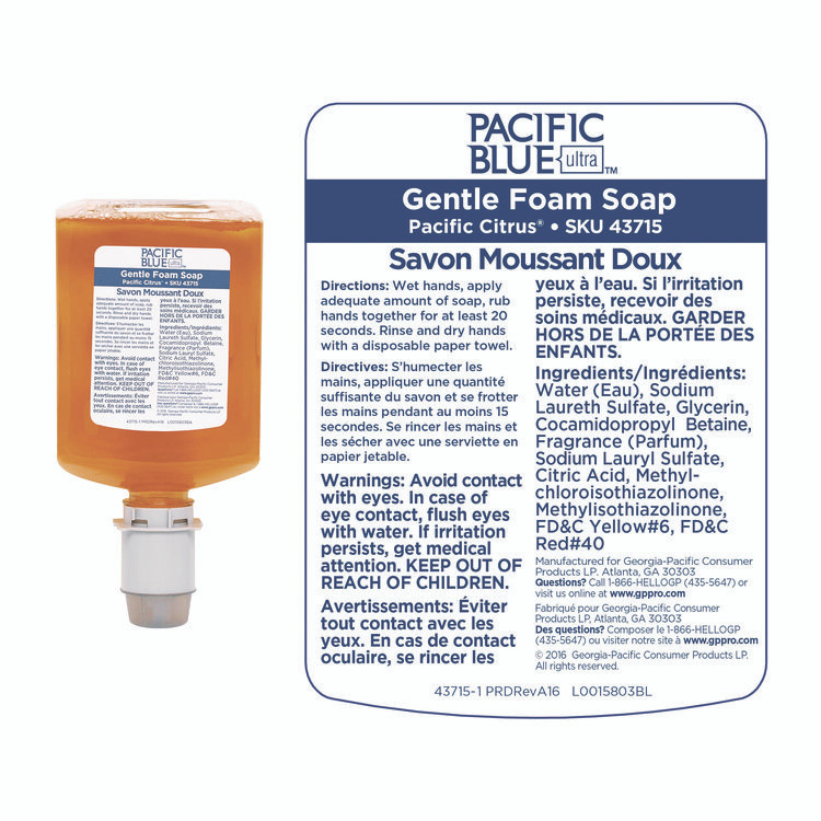GEORGIA PACIFIC Professional 43715 Pacific Blue Ultra Foam Soap Manual Dispenser Refill, Pacific Citrus Scent, 1,200 mL, 4/Carton