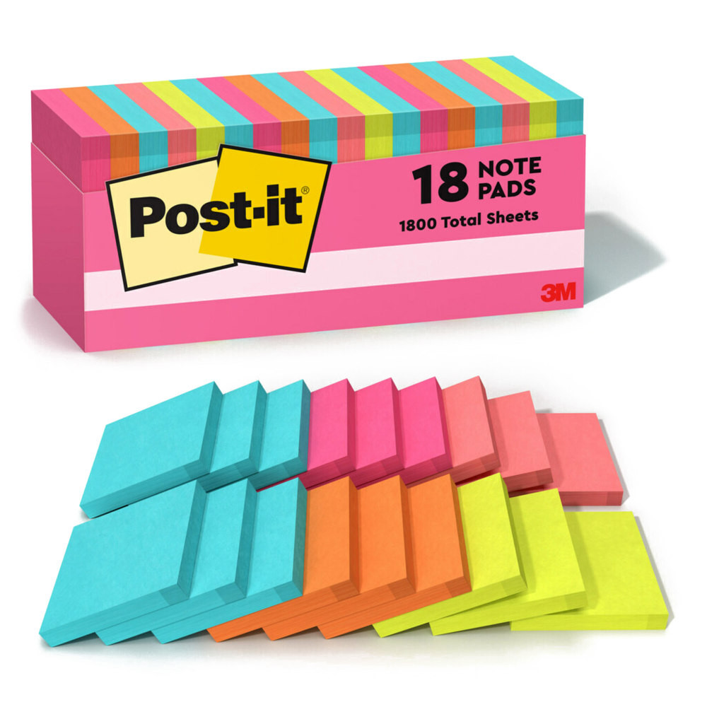 3M CO 654-18CTCP Post-it Notes, 18 Pads, 3 in x 3 in, Clean Removal, School Supplies and Office Products, Sticky Notes for Vertical Surfaces, Monitors, Walls and Windows, Poptimistic Collection