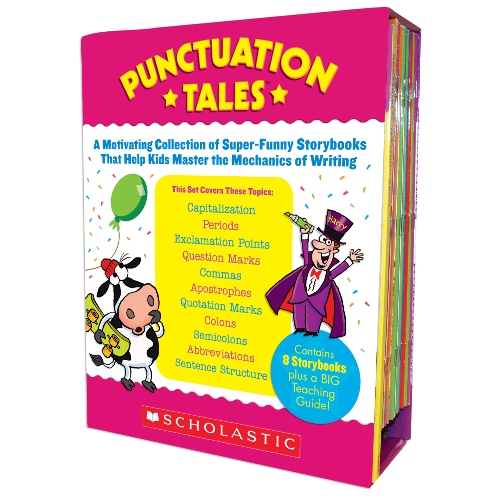 Motivating collection of super-funny storybooks for mastering the mechanics of writing  Everything you need to teach punctuation. Humorous storybooks teach kids everything they need to know about capitalization, exclamation points, question marks, commas, apostrophes, quotation marks, colons, abbreviations and more!  Includes a BIG teaching guide filled with lessons, engaging worksheets and mini-book versions of all 8 storybooks. 8 books include: Henry Goes to Hollywood (capitalization), The Legend of Johnny Comma (comma), The Awesome Apostrophe Show (apostrophes), Little Red Hen Bakes a Cake (periods, exclamation mark, questions mark), The New Mayor of Dogville (quotation marks), The Island of Talking Cows (colons and semicolons), The Amazing Abbreviation Machine (abbreviations) and Super Sentence Girl (sentence structure).