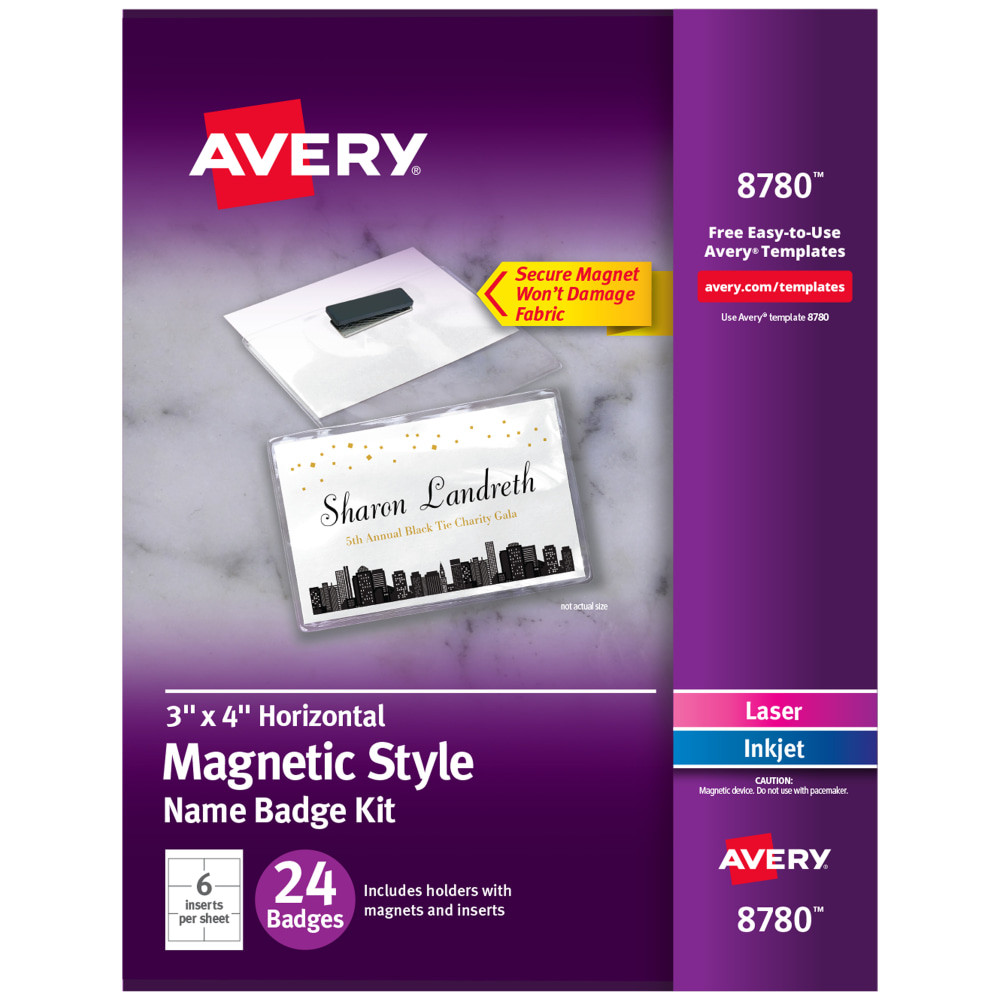 Quickly and easily create customized name badges from the convenience of your home or workplace with Avery Magnetic Name Badges. This pack of blank name badges with magnets is perfect for professional and social gatherings, including meetings, parties, trade shows, conferences, mixers, and more. Each clear badge holder features strong magnets that hold it in place without damaging fabric or flipping over. The durable PVC plastic ID holders are reusable and feature a pocket-style design for easy loading and unloading. Effortlessly create custom name tags with company names, personal titles, logos, and more using templates and designs available at Avery Design & Print Online. Try it out on the Avery website and print with your laser or inkjet printer. Printable inserts come in 8-1/2in x 11in white cardstock sheets that feature ultra-fine perforations for smooth edges and a high-quality, professional look. Ideal for permanent or temporary identification, these customizable name badges can be used as staff ID badges, business meeting badges, networking event tags, conference name tags, kids ID cards, and more. This name badge kit comes with everything needed to make name badges, including printable inserts and horizontal badge holders with magnets.  Keep personalized name badges in place all day with name badge holders featuring secure magnets that won't damage clothing.  Durable PVC plastic ensures name tag holders can be reused again and again, withstanding frequent use.  Get professional-looking DIY name badges made from premium cardstock optimized for most standard laser and inkjet printers.  Quickly create custom name badges with personal titles, company names, logos, and more using our Avery online design software and available Avery templates.  Magnetic badge holders are great as staff ID card holders, corporate event tags, meeting name badges, trade show ID badges and more.  ACMI Certified AP Nontoxic. For detailed information see www.acmiart.org.  Less harsh chemicals - made with fewer harsh chemicals, or safer chemicals than typical alternatives, helping  reduce your use of and exposure to substances that may be more harmful to your health and the environment.
