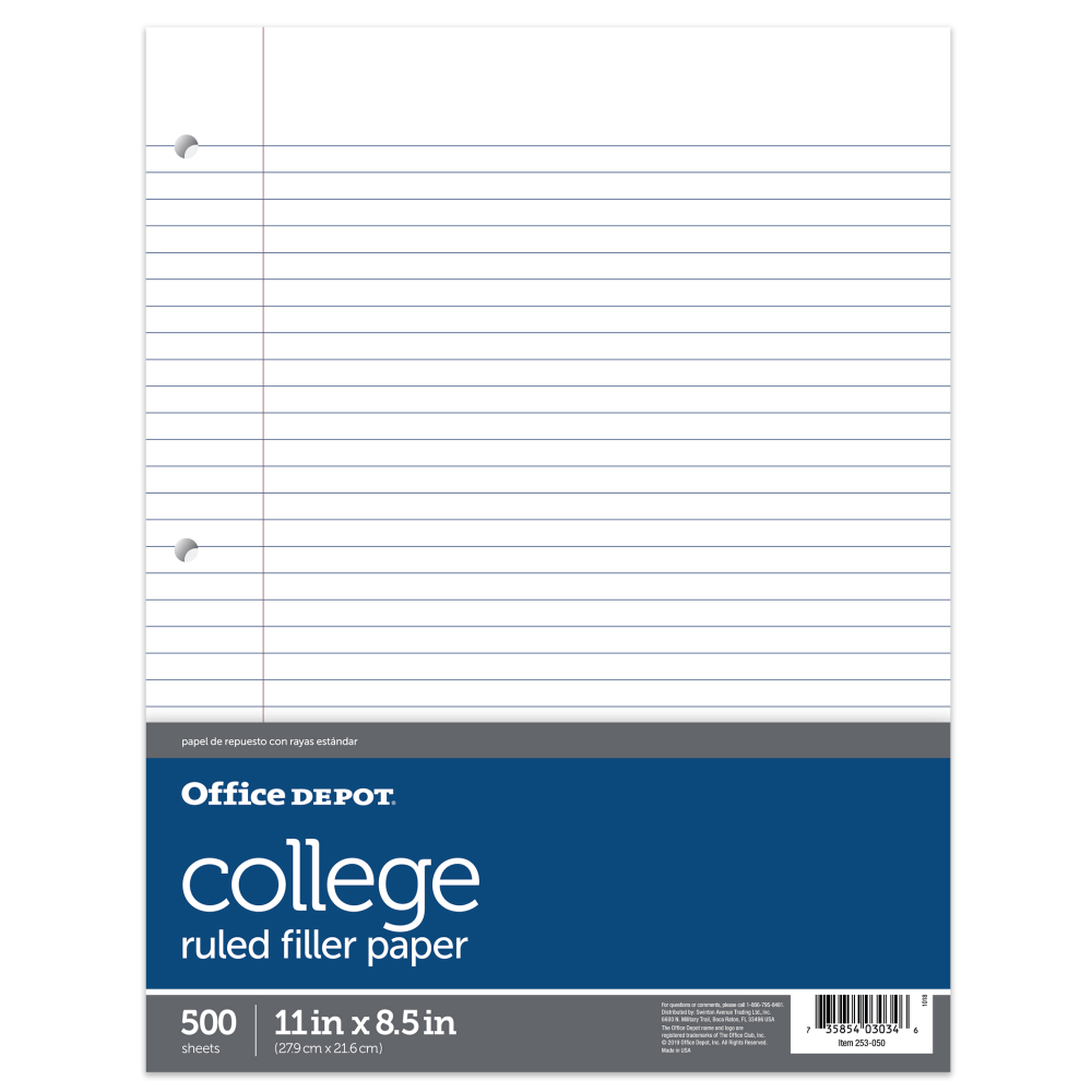 Add to your 3-ring binder for easy use in the classroom or on the go with Office Depot filler paper. This ruled filler paper with a 15-lb weight lets you easily record neat, clean notes across the smooth, lined surface.  3-hole punched to fit most standard binders.  College-ruled with margin paper helps keep your notes clean and easy to read.