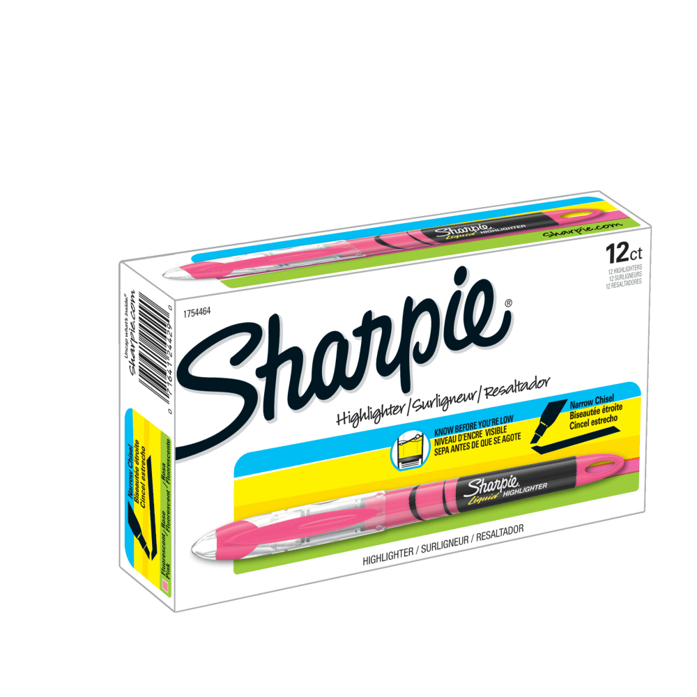 Know before you are low with the Sharpie Liquid Highlighter! This pack of highlighters offers smooth ink flow for consistent marking, while the visible ink supply and indicator help you keep track of ink levels. These highlighters feature a versatile chisel tip perfect for highlighting, underlining, and taking notes. Meanwhile, the pigmented, fluorescent ink dries quickly to produce bold, easy-to-see color.  Sharpie Liquid Highlighters with visible ink supply that allows you to know before you are low!  Chisel tip glides smoothly for a clean application and consistent flow  Convenient loop feature securely attaches to 3-ring binders, planners, and bags  Perfect for highlighting, underlining, and taking notes  Includes: 12 Fluorescent Pink Sharpie Highlighters  ACMI Certified AP Nontoxic. For detailed information see www.acmiart.org.  Conforms to ASTM D4236 standards. For detailed information see www.astm.org.  Less harsh chemicals - made with fewer harsh chemicals, or safer chemicals than typical alternatives, helping  reduce your use of and exposure to substances that may be more harmful to your health and the environment.