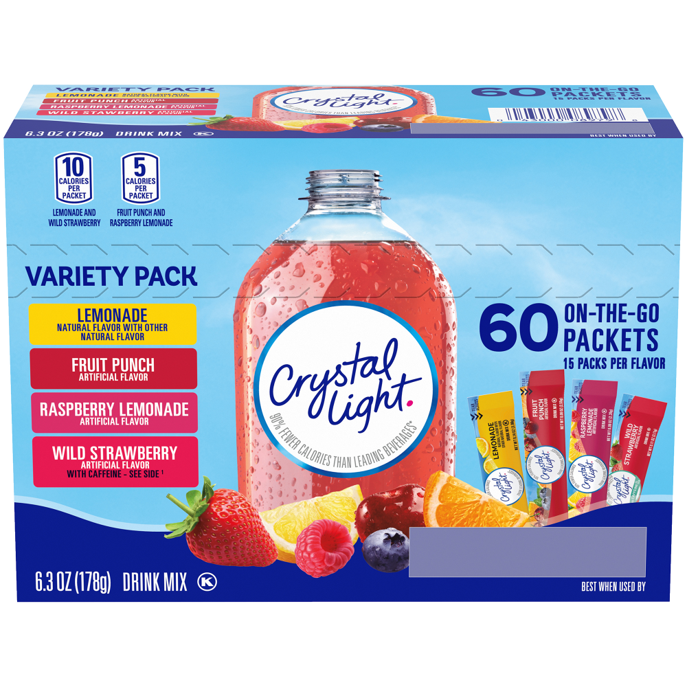 Crystal Light delivers a boost of energy during your longest days. Mix it by the bottle or pitcher so you get the perfect-size beverage every time.  Just add to water and shake.  Only 5 calories and 30 mg of caffeine per serving.  Gluten-free and kosher for special dietary considerations.