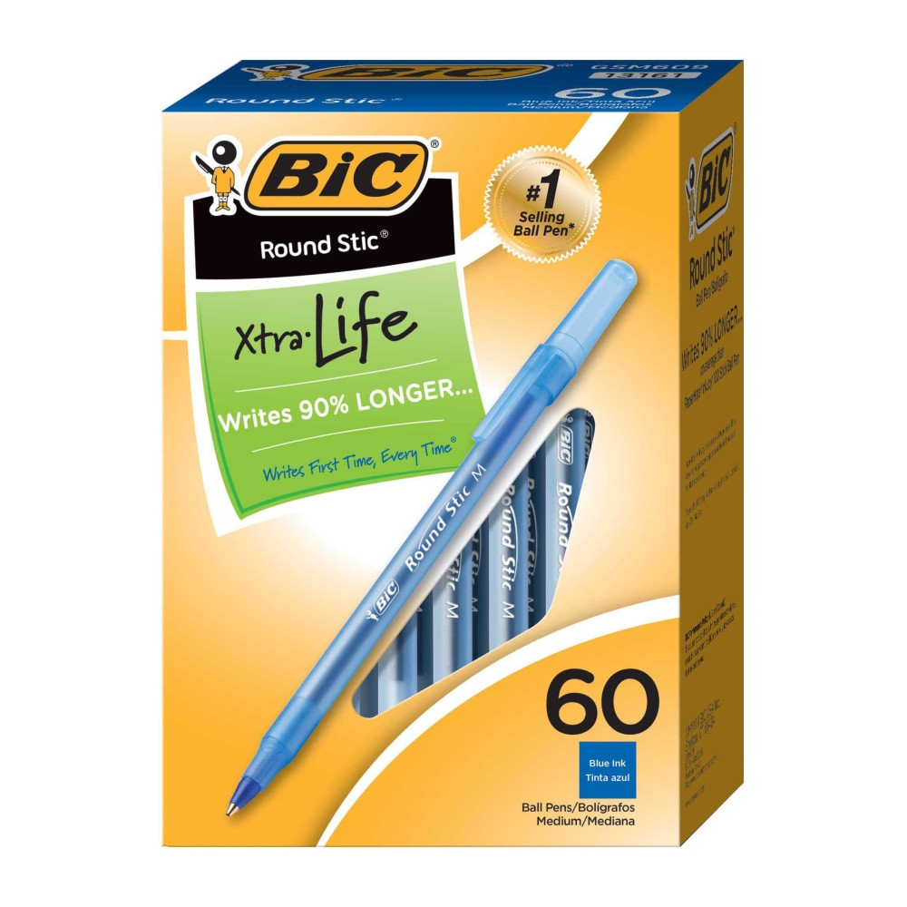 BIC CORP BIC GSM609-BLU  Round Stic Ballpoint Pens, Medium Point, 1.0 mm, Translucent Barrel, Blue Ink, Box Of 60