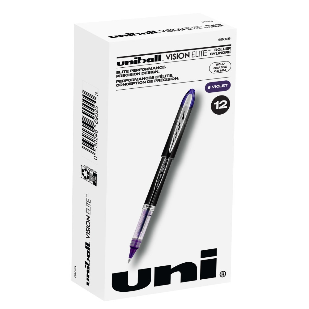 NEWELL BRANDS INC. Uni-Ball 69025  Vision Elite Liquid Ink Rollerball Pens, Bold Point, 0.8 mm, White Barrel, Purple Ink, Pack Of 12