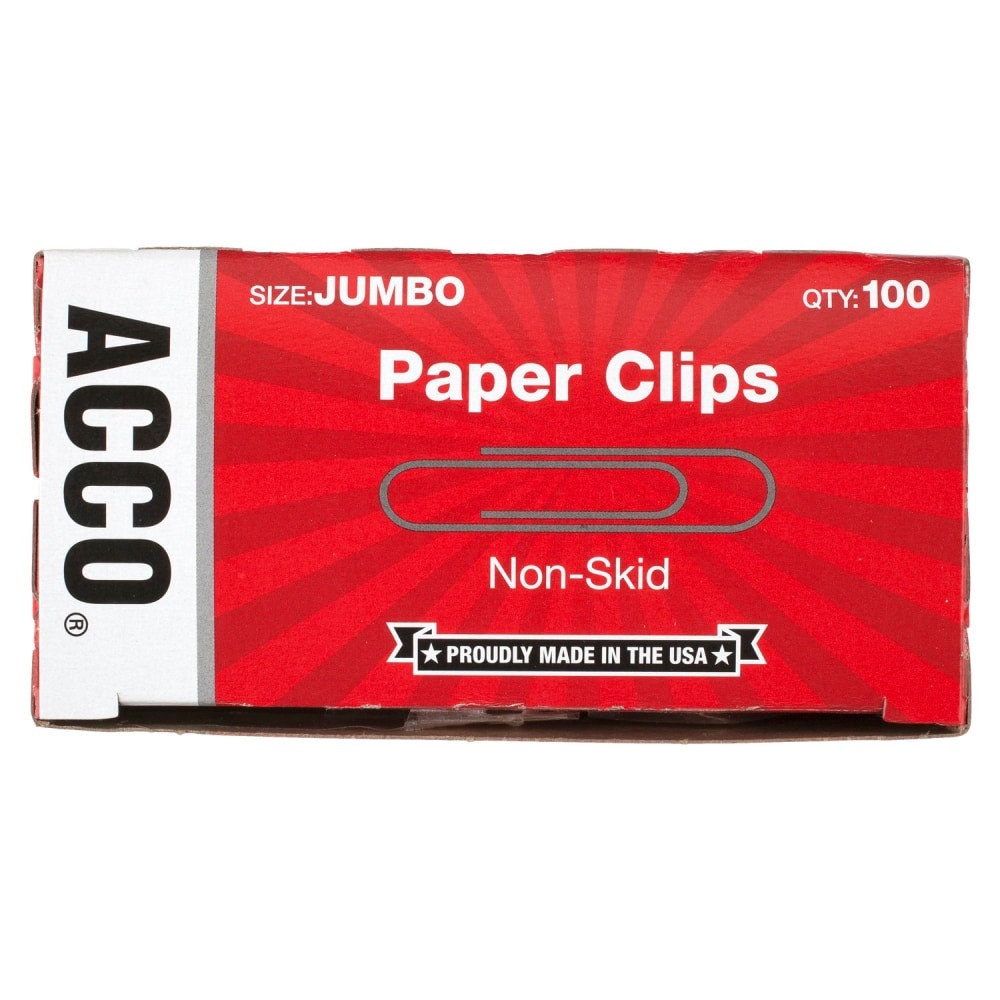 ACCO BRANDS USA, LLC 72585 ACCO Economy Non-Skid Paper Clips, 1000 Total, Jumbo, Silver, 100 Per Box, Pack Of 10 Boxes