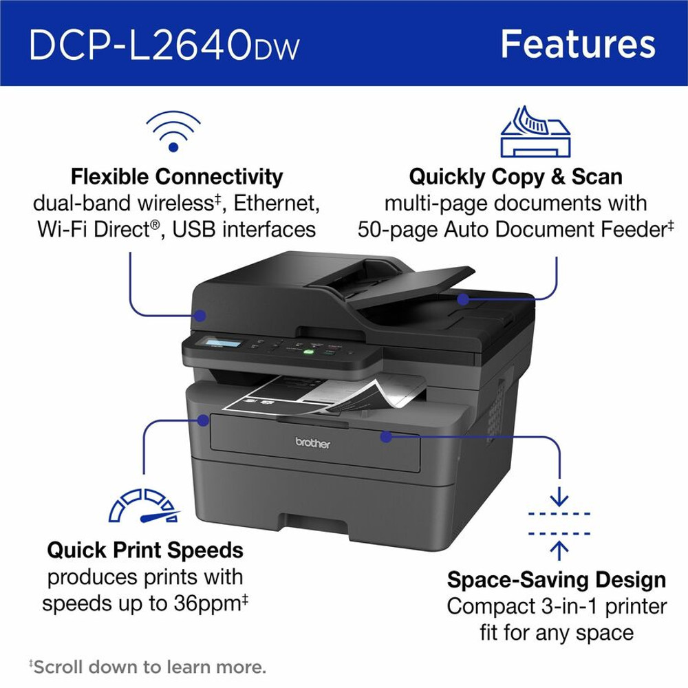 Brother Industries, Ltd Brother DCPL2640DW Brother Wireless DCP-L2640DW Compact Monochrome Multi-Function Laser Printer with Print, Copy and Scan, Duplex and Mobile Printing