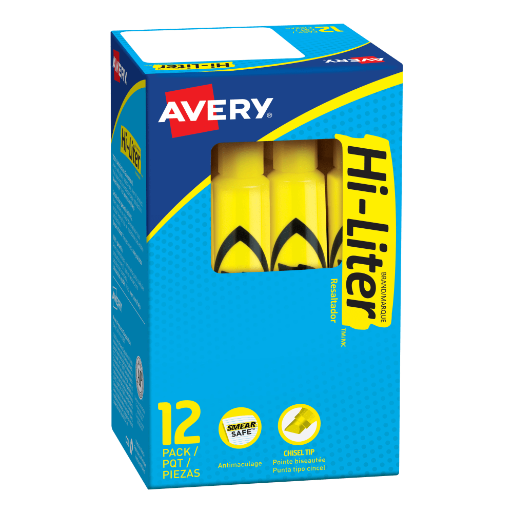 AVERY PRODUCTS CORPORATION 7742 Avery Hi-Liter SmearSafe Highlighters, Chisel Tip, Desk-Style, Yellow, Pack Of 12 Highlighters
