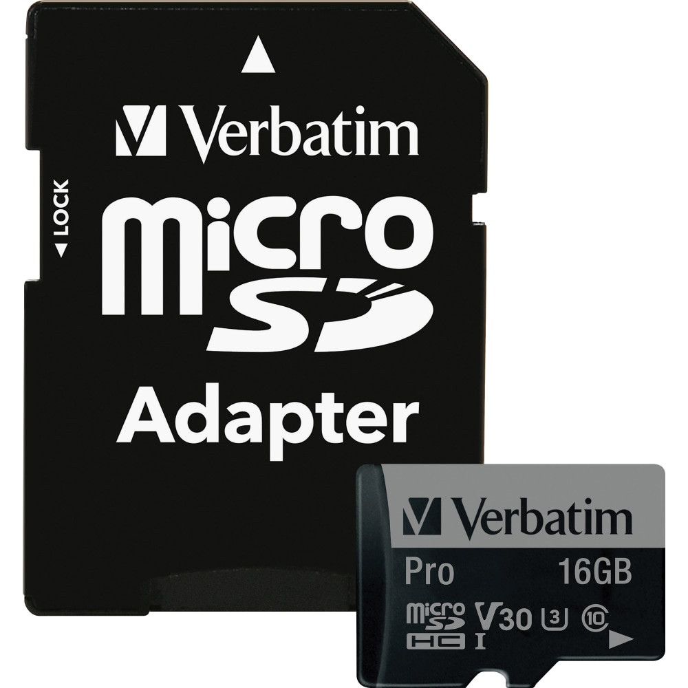 VERBATIM AMERICAS LLC Verbatim 47040  16GB Pro 600X microSDHC Memory Card with Adapter, UHS-I U3 Class 10 - Class 10/UHS-I (U3) - 90 MB/s Read1 Pack - 600x Memory Speed