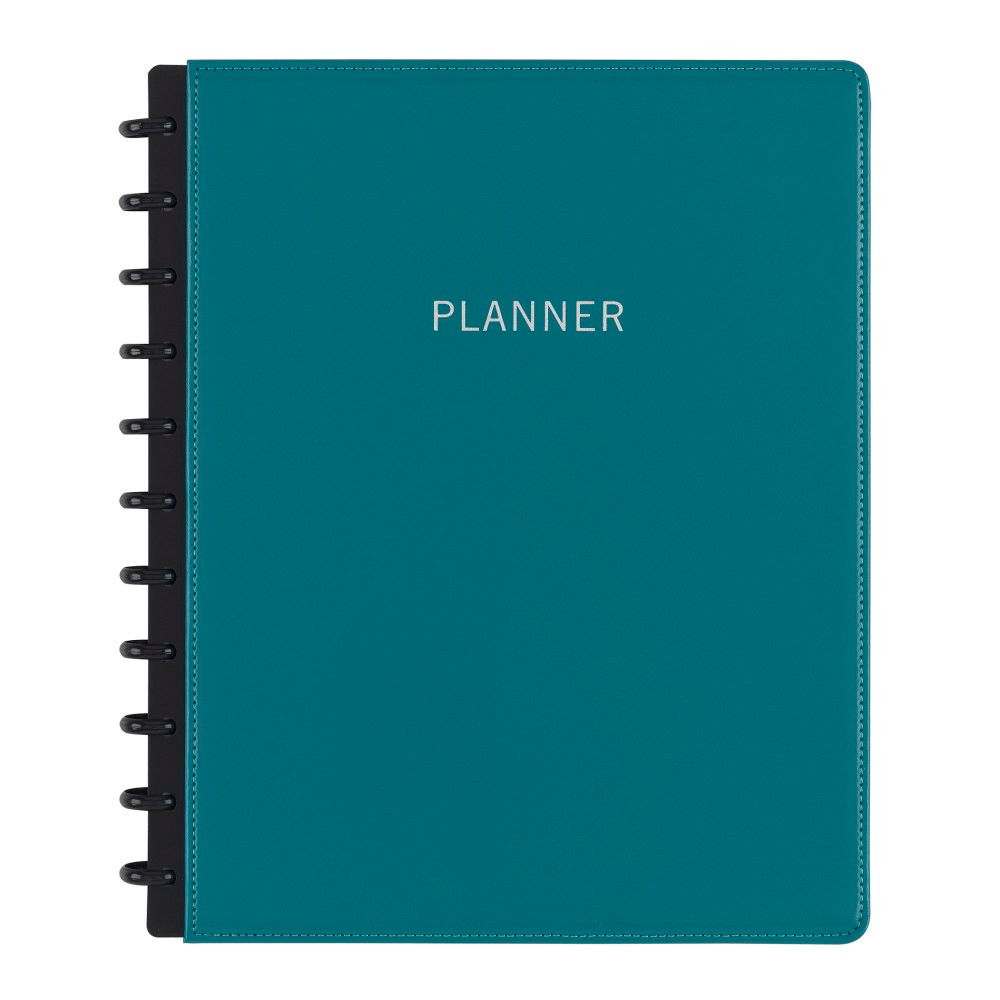 Stay on top of your schedule, to-do lists and more with this customizable planner. With discbound pages and plenty of reference materials, its easy to jot down appointments and keep essentials within reach.  2 pages per month. Includes 12 monthly tab dividers (January-December), 2-sided poly pocket, sticker sheet and undated monthly calendar pages.  Leather cover adds a stylish touch.  Add or remove the discbound pages to personalize the notebook. The planner is equipped with 3/4in discs for ease of use.  Built-in pen and business card holders.  Refillable for continued use.  Convenient storage pocket to hold loose notes and supplies.  Stylish teal leather cover.  Refillable - designed to be used repeatedly, helping you avoid single-use disposables and potentially save money.