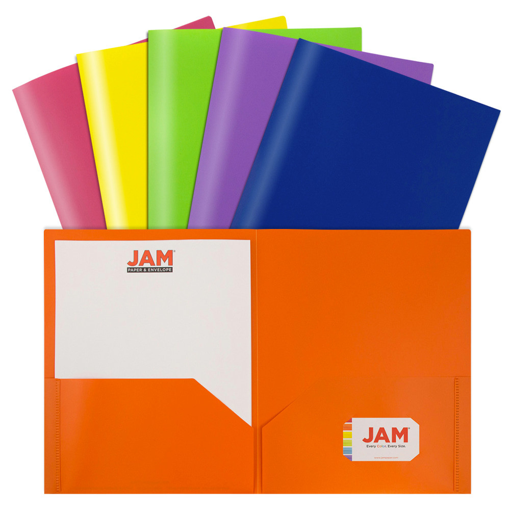 JAM PAPER AND ENVELOPE 383EASSRTD JAM Paper POP Plastic 2-Pocket School Folders, 9-1/2in x 11-1/2in, Assorted Primary, Pack Of 6 Folders