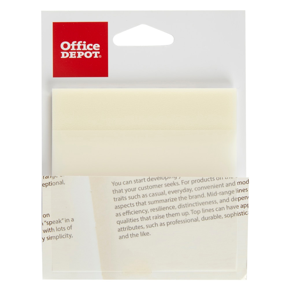 Add a notation to a book or make a mark on important documents using Office Depot Brand Translucent Sticky Notes. Their translucent design allows you to see through the note to the text beneath it, and the self-stick adhesive stays in place until you remove it.  Designed to add notes to books and important documents or paperwork.  Self-stick adhesive stays firmly in place.  Translucent design allows you to easily see the surface beneath.  Note size is approximate.
