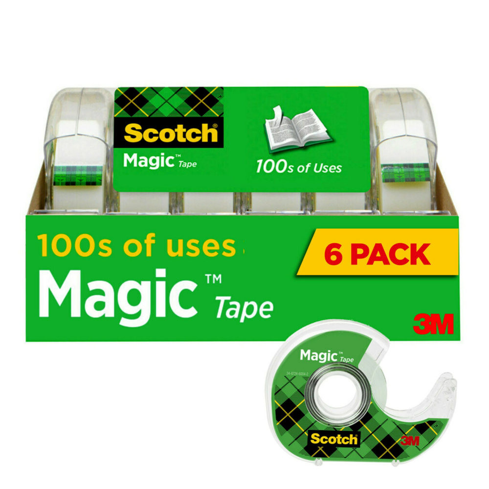 Theres nothing more important than mending original documents like birth certificates, final essays, and special photos. One original deserves another. Scotch Magic Tape is the original invisible matte finish tape preferred by homes, schools and home offices. Why? Because it works like magic: Its invisible! Gives you a strong, secure, permanent seal using trusted 3M adhesive technology. And with our easy to use Scotch Tape dispenser (included), Scotch Magic Tape rolls out smoothly, cuts evenly with no time, energy or tape wasted. Magically mend the many rips and tears of life securely, permanently, and invisibly.  The original matte-finish, invisible tape.  Frosty on the roll, but invisible on the job.  Preferred by millions.  Dispenser included:  refills easily, stores away conveniently, always ready.  Comes off the roll smoothly, cuts easily.  Write on it with pen, pencil or marker.  Photo safe.  100s of uses like labeling containers, fixing torn money, and attaching receipts for scanning.  Great for quick fixes, mounting or additions to your project.  Easy-to-apply design that doesnT dry out.  Made in the USA with Globally Sourced Materials  INVISIBLE TAPE: 6 rolls of Scotch Magic Tape with dispenser mends rips and tears securely, permanently and invisibly  BONDS SECURELY: Clear tape that gives you a strong, secure and permanent seal using trusted 3M adhesive technology  BLENDS IN: Matte finish and invisible, this tape blends in with paper, making it a great addition to your back to school supplies  IDEAL FOR: Use this office tape for permanent, secure paper mending, including mounting, quick fixes, project additions and repairing original documents and photos  REFILLABLE TAPE DISPENSERS INCLUDED: Tape glides off easy-to-use Scotch tape dispensers (included) smoothly and cuts easily  ADDITIONAL BENEFITS: This photo-safe tape is easy to apply; Plus, you can write on it with a pen, pencil or marker for easy labeling  SCOTCH BRAND: The best projects start with the No. 1-selling home and office tape  3/4 in. x 650 in., 6 Dispensers, 1 in. core  Great for quick fixes, mounting or additions to your project  Plant-based content - made using tree-free agricultural products or by-products, helping you support innovative use of plants while reducing use of forests or other resources.