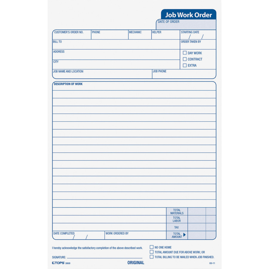 TOPS Products TOPS 3868 TOPS Carbonless 3-Part Job Work Order Forms